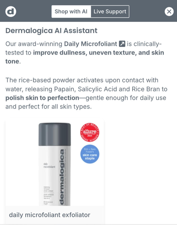 Customized copy for Dermalogica's AI shopping assistant